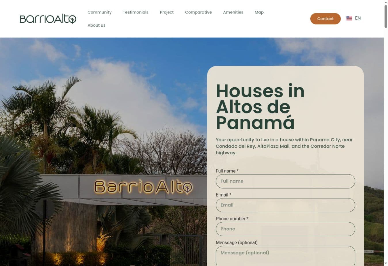 Página de Barrio Alto con imagen de acceso al proyecto y formulario de contacto.