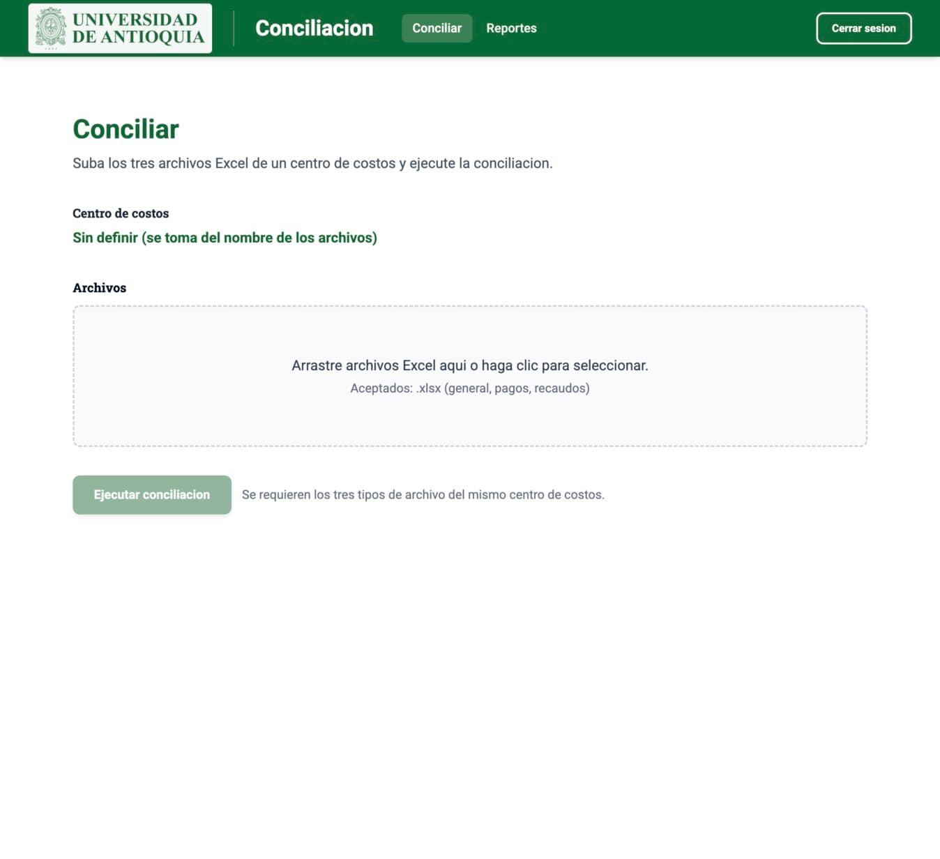 Página principal de Conciliación para comparar movimientos contables.