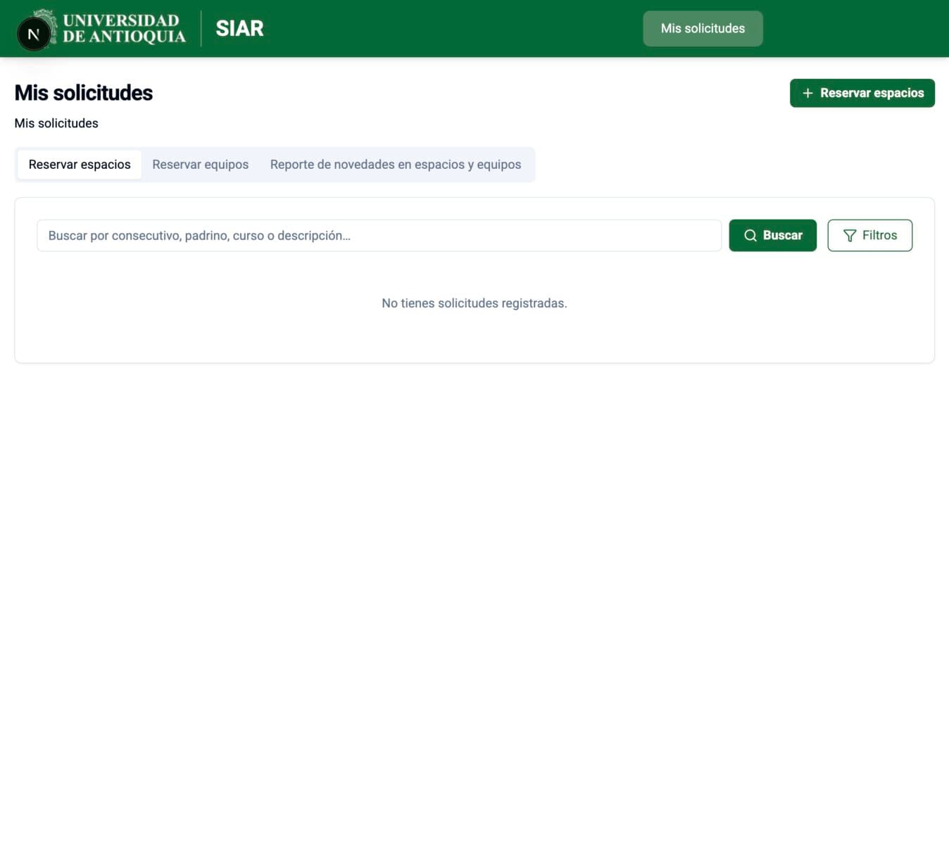 Página principal de SIAR para reservar espacios, reservar equipos y reportar novedades.